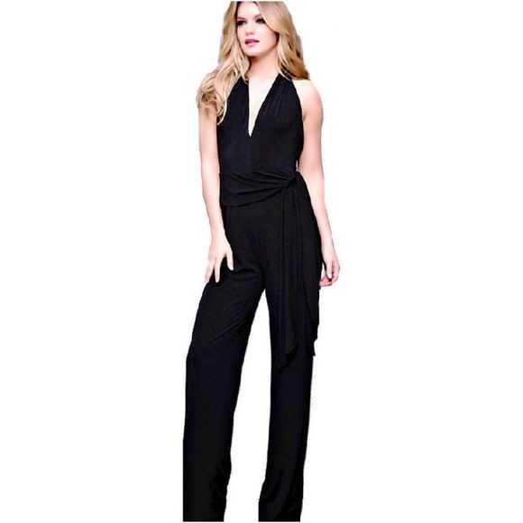 JOVANI Pants - JOVANI M51826 Black Halter Jumpsuit w/Sash Belt NWT